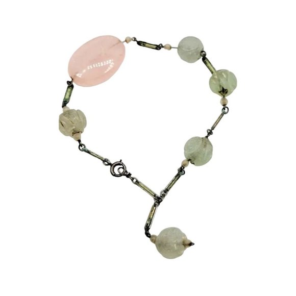 Flapper Art Deco Czech Jade Rose Quartz Enamel And Silver Bracelet (A2610) - Picture 3 of 7